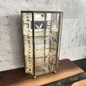 Vintage 9.75” Brass and Etched Glass Mirrored Curio Display Cabinet